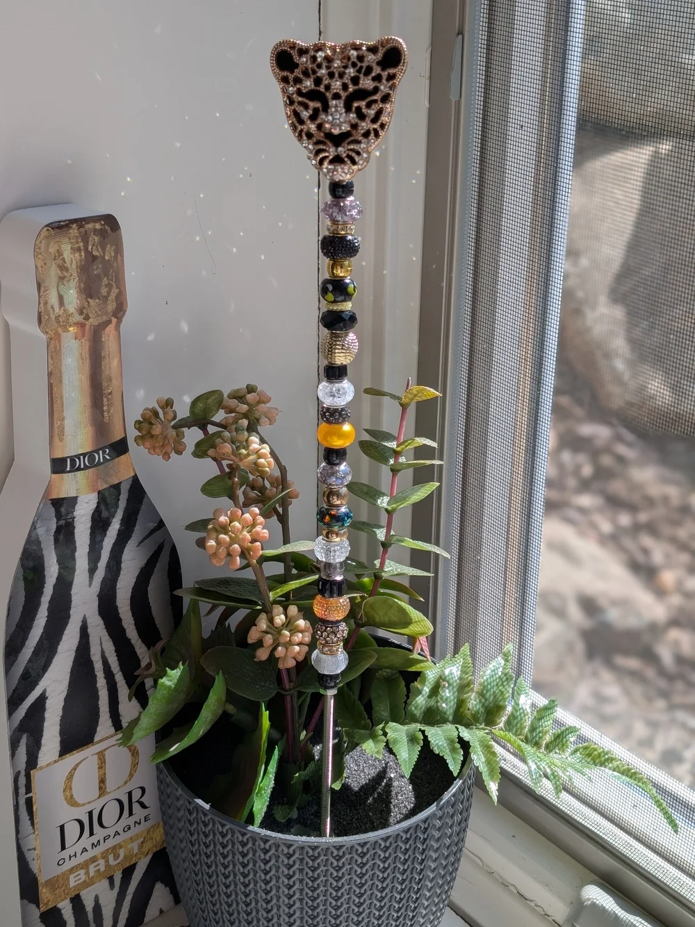 Hand Made Fairy Wand/Plant/Garden Stake W/Sparkly Leopard Topper